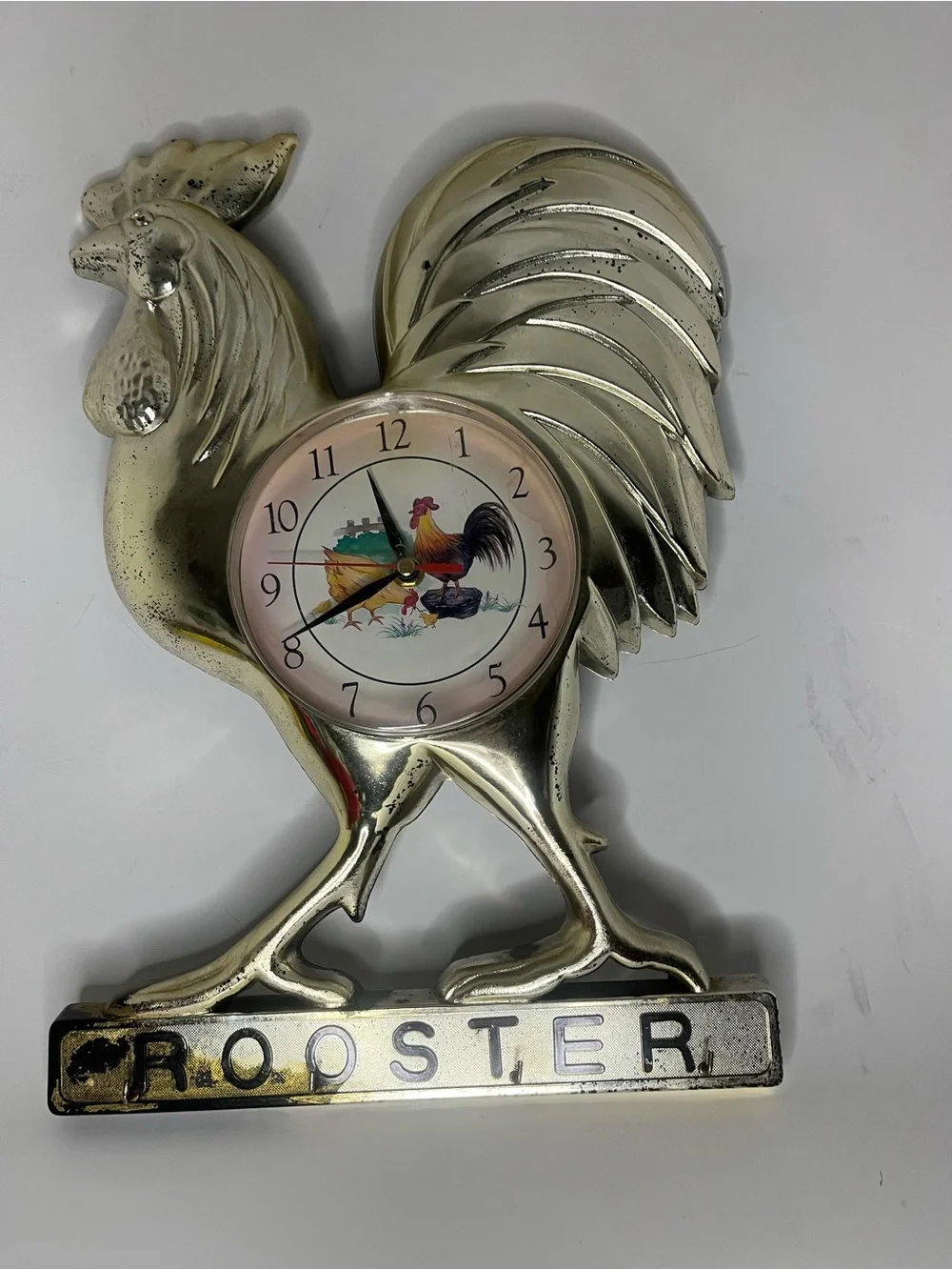 Vtg Rooster Wall Clock Hanger Farmhouse Metallic  Works Kitchen Farmcore 16”x14”